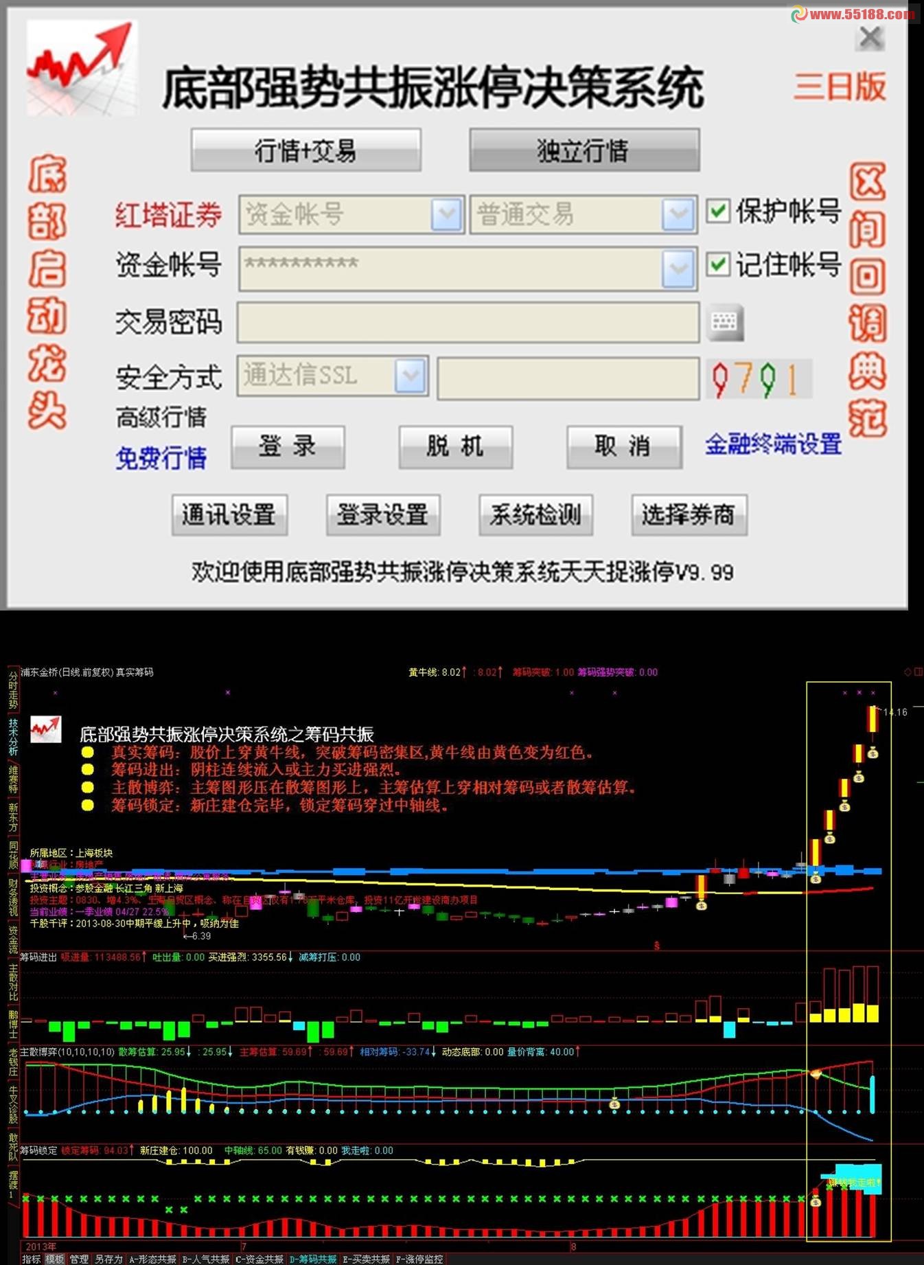 分享自用的《底部强势共振涨停决策系统》之筹码共振“筹码锁定”副图指标