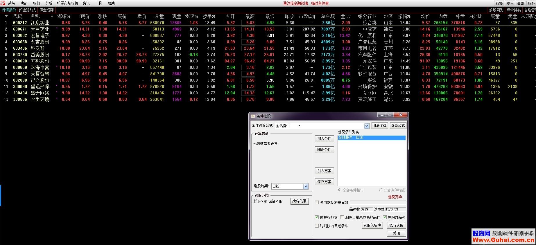 通达信媲美金钻擒牛-选股公式可预警公式